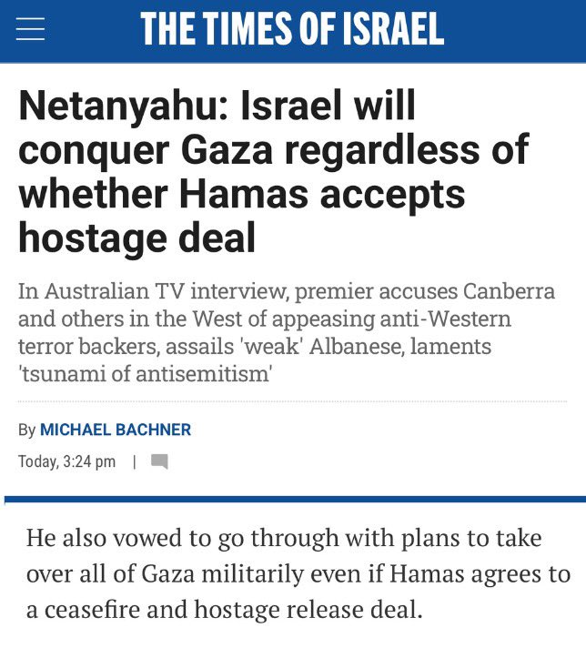 "Netanyahu: Israël va conquérir Gaza même si le Hamas accepte un accord sur les otages"

Ils sont où les "il suffit de libérer les otages et la guerre s'arrête", on ne les entend plus?