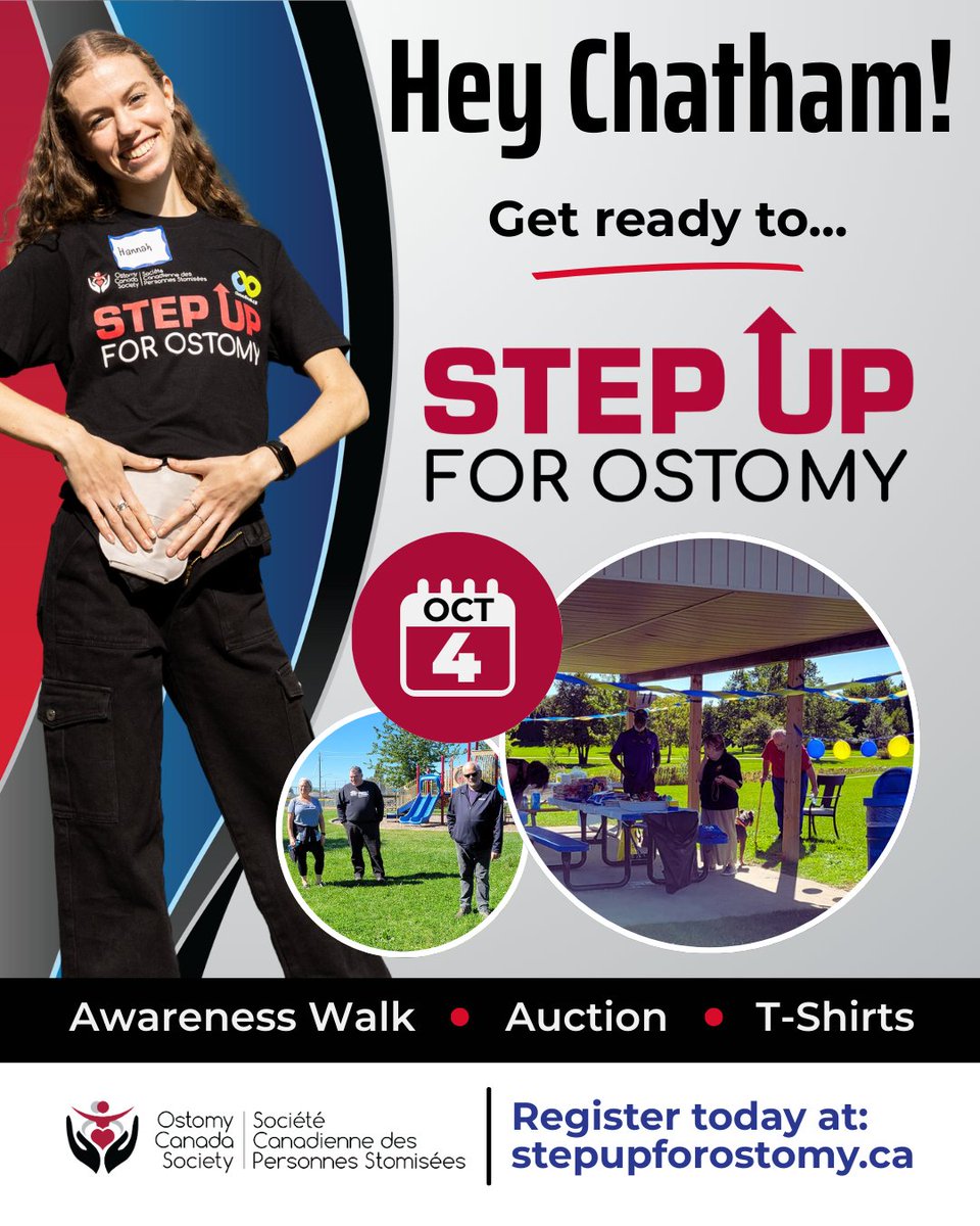 OstomyCanada's tweet photo. Chatham – Step Up For Ostomy! 🌟

📅 Oct 4, 1–3 PM
🚶 Awareness Walk
🏷️ Ostomy vendors
🎉 Auction
🍔 Food trucks
👕 FREE T-shirts!

💙 Support Canadians living with an ostomy.

👉 Register: https://t.co/IdwtcwlU9c https://t.co/lvNKM8QRZc