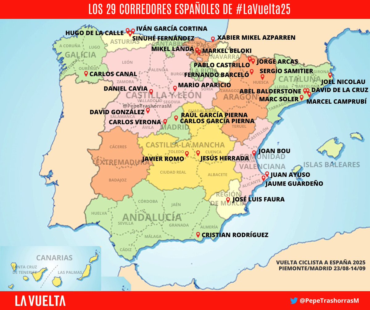 🇪🇸 29 españoles de un total de 184 corredores toman la salida en #LaVuelta25

🤔 ¿De dónde procede cada uno de ellos? Veámoslo en el mapa.