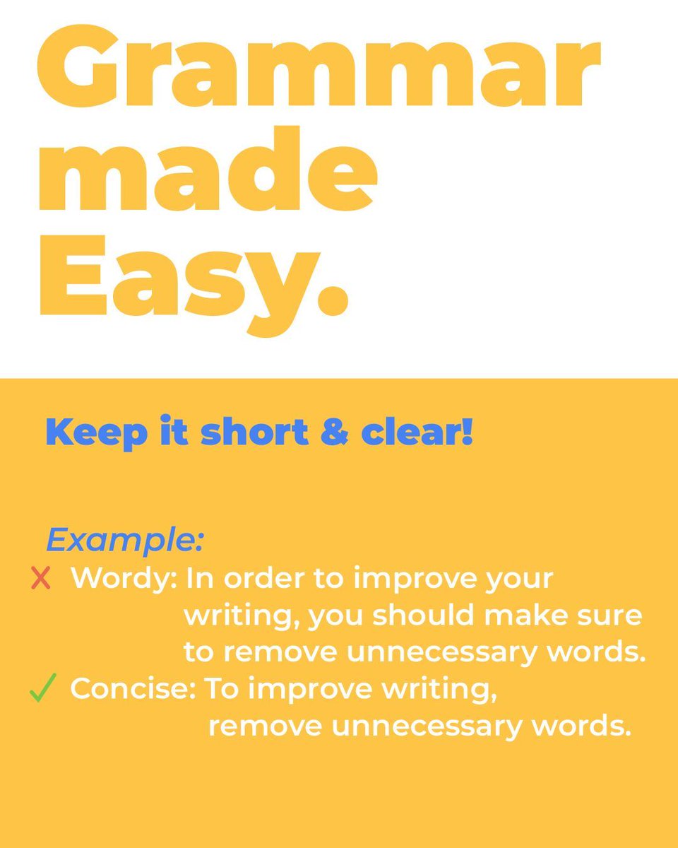 kalvielearning's tweet image. Wordy sentences make writing harder to read! Remove extra words to make sentences more clear and direct.
✔ Example:
•❌ “At this point in time, we are considering a new plan.”
•✅ “We are considering a new plan.”
#ClearWriting #GrammarHelp #LearnEnglish #WritingTips