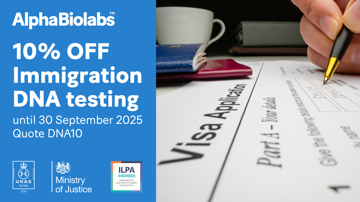 Why choose AlphaBiolabs for immigration DNA testing? 🌍

✔︎ Next-day results as standard 
✔︎ DNA testing for all family relationships
✔︎ Accepted by the Home Office, UK Visas and Immigration, HM Passport Office, Border Force &amp; Immigration Enforcement 
✔︎ Ministry of