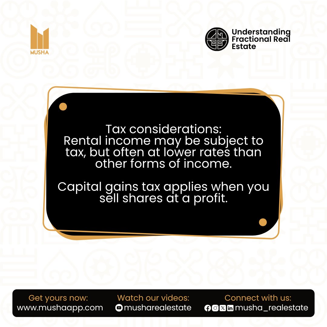musharealestate's tweet photo. Fractional investing is great if you know the full picture.  
. Pros ✅  
. Cons ⚠️  
. Tax 📉📈  

Musha helps you invest with eyes wide open.

#MushaApp #InvestSmart #FractionalOwnership #WealthBuilding https://t.co/RWi1U8fH9L