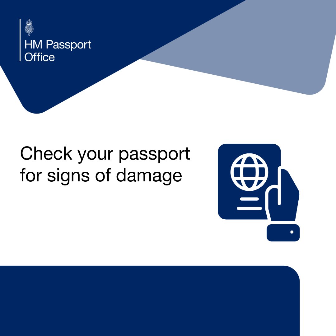 HM_Passport's tweet image. ✈️ Planning to book a trip? Check your passport before you do!

You may not be allowed to travel if your passport is damaged. Look out for:

- Ripped or torn pages
- Water stains or ink marks
- Holes, cuts, or a loose cover

Take a minute to check it today  #PassportCheck ✅
