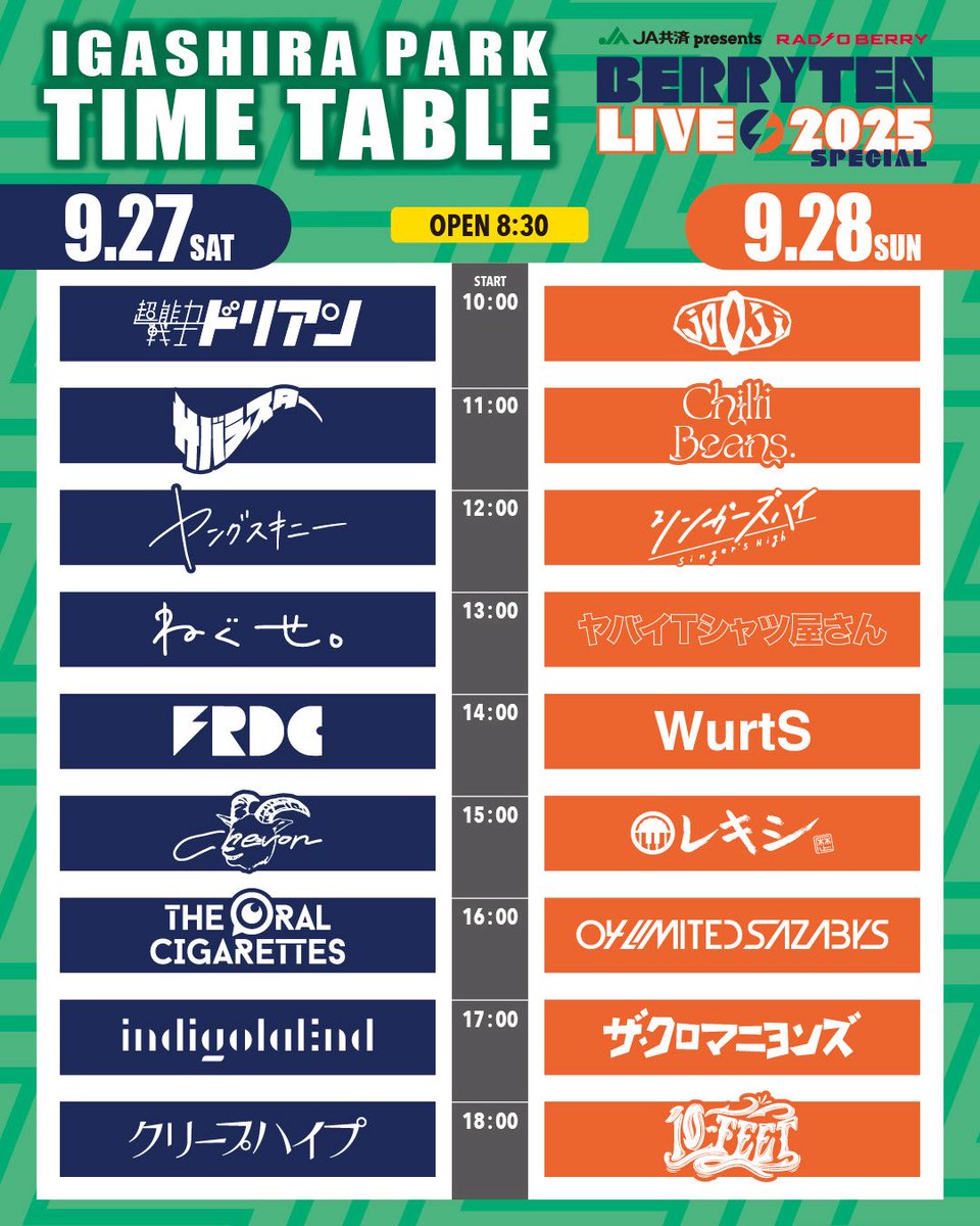 【タイムテーブル解禁】

JA共済 presents 
RADIO BERRY ベリテンライブ2025 Special　

タイムテーブル解禁！

■日程
2025年9月27(土)、28日(日)
※ indigo la Endは、9/27(土)17:00〜出演します。

■会場
井頭公園 運動広場 (栃木県真岡市下籠谷99)