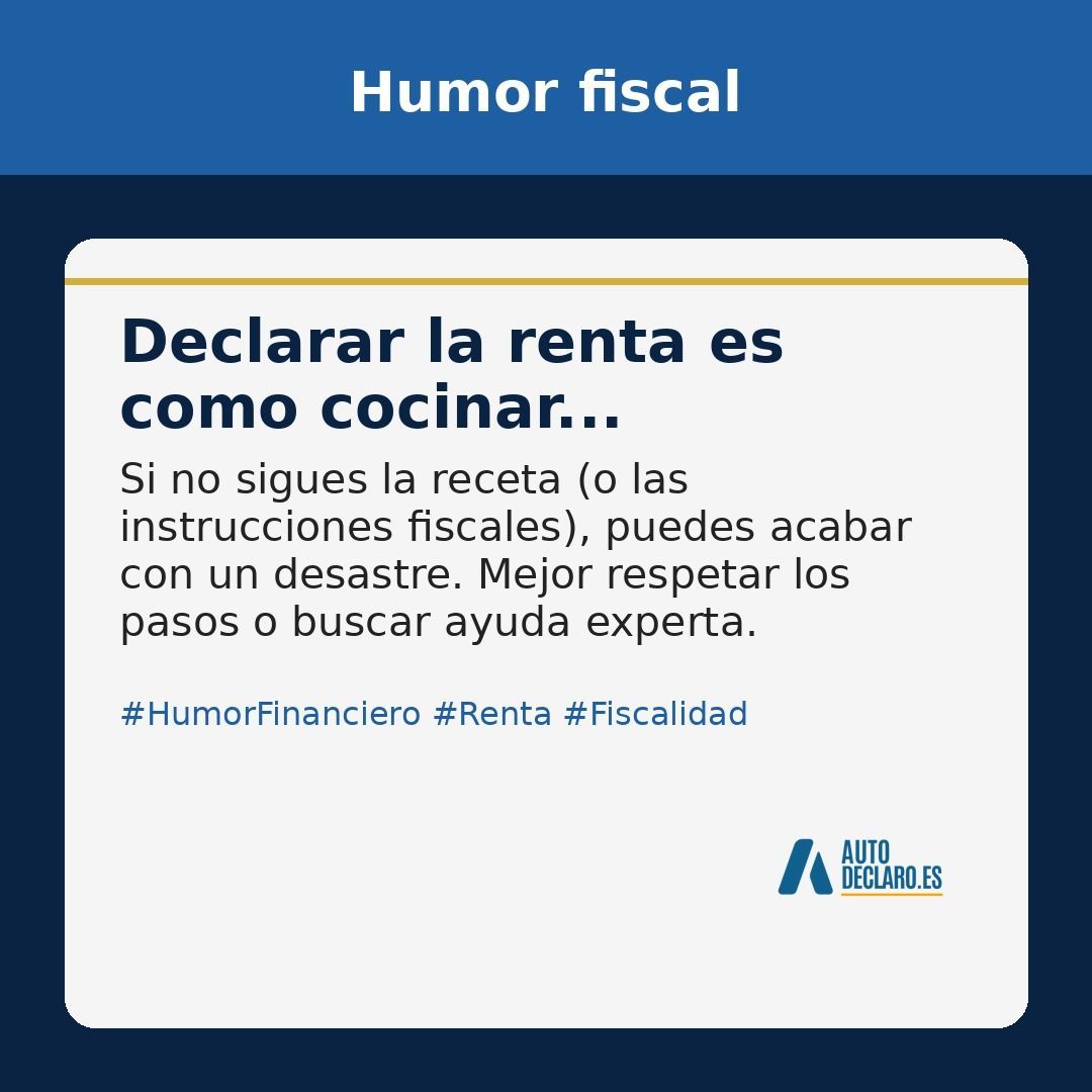 AutoDeclaro's tweet photo. Humor fiscal"Declarar la renta es como cocinar..."

Si no sigues la receta (o las instrucciones fiscales), puedes acabar con un desastre. Mejor respetar los pasos (o buscar ayuda experta).

#HumorFiscal #Renta #Impuestos #Declaracion #Autodeclaro https://t.co/A19cO3YeZE