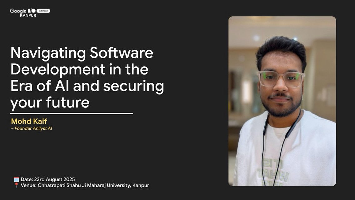 🎤 Speaker Spotlight 🚀

Meet Mohd Kaif, a Full Stack Developer &amp; AI Agents Developer.

He’ll be speaking on:
✨ Web Development in the Era of AI and How to Navigate It

#GoogleIOExtended #GDGKanpur #CodeVidya #TechCommunity #KanpurEvents