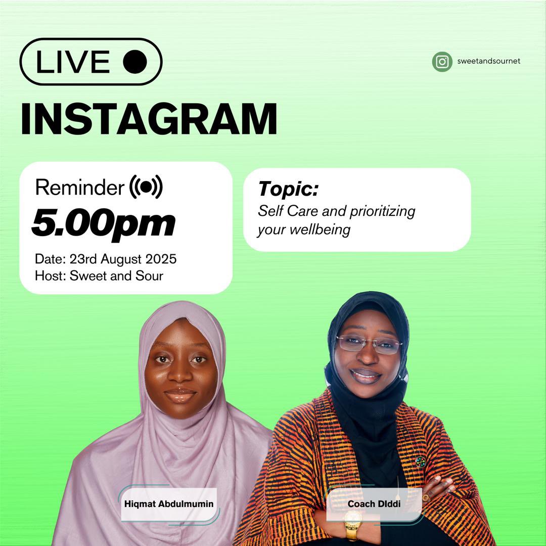 SweetandSourNet's tweet photo. Join us for a powerful session with Coach Diddi,a Mindset &amp; Well-being Coach, as we unpack practical tools to reset your mind, protect your peace, and step into your best self. 💚💚

📅 Date: 23rd August 2025
🕒 Time: 5pm
📍 On IG Live: https://t.co/Ftpe91uSf7 https://t.co/qKPXubGeGA