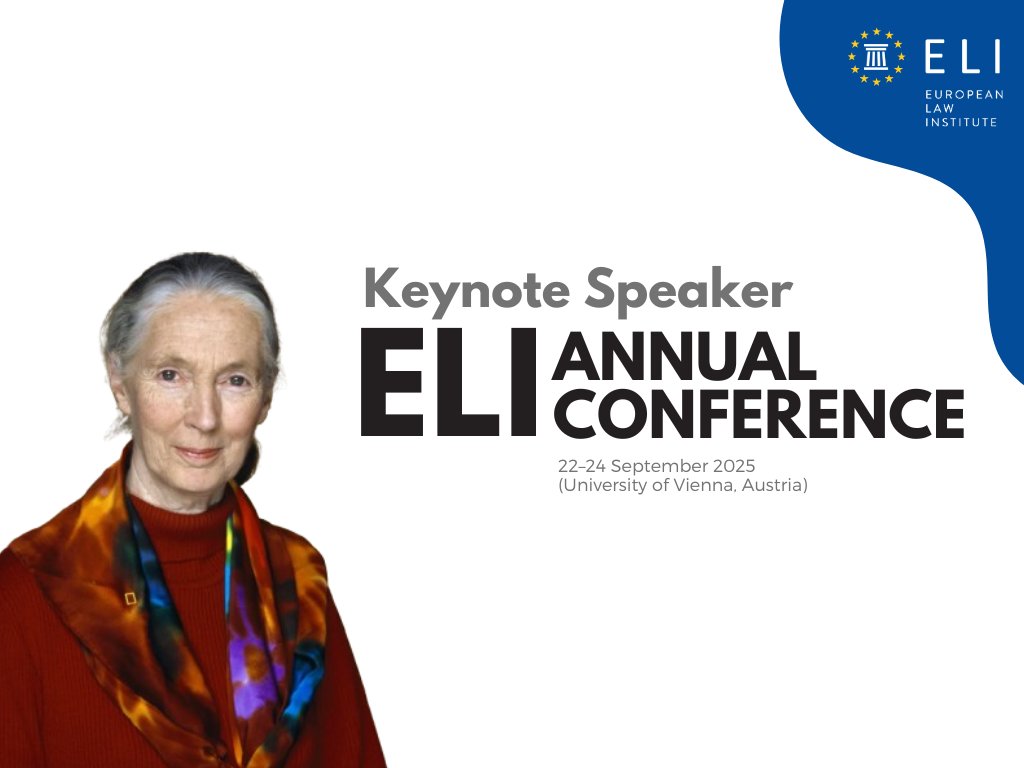 EuropeanLawInst's tweet photo. We are honoured to welcome Dame Jane Goodall (Zoologist, primatologist and anthropologist and @UN Messenger of Peace, and founder of the @JaneGoodallInst) among the distinguished speakers at the ELI Annual Conference 2025.
Register here https://t.co/2HUVtrP0OR.
#ELI2025 https://t.co/lhaKSlwR6q
