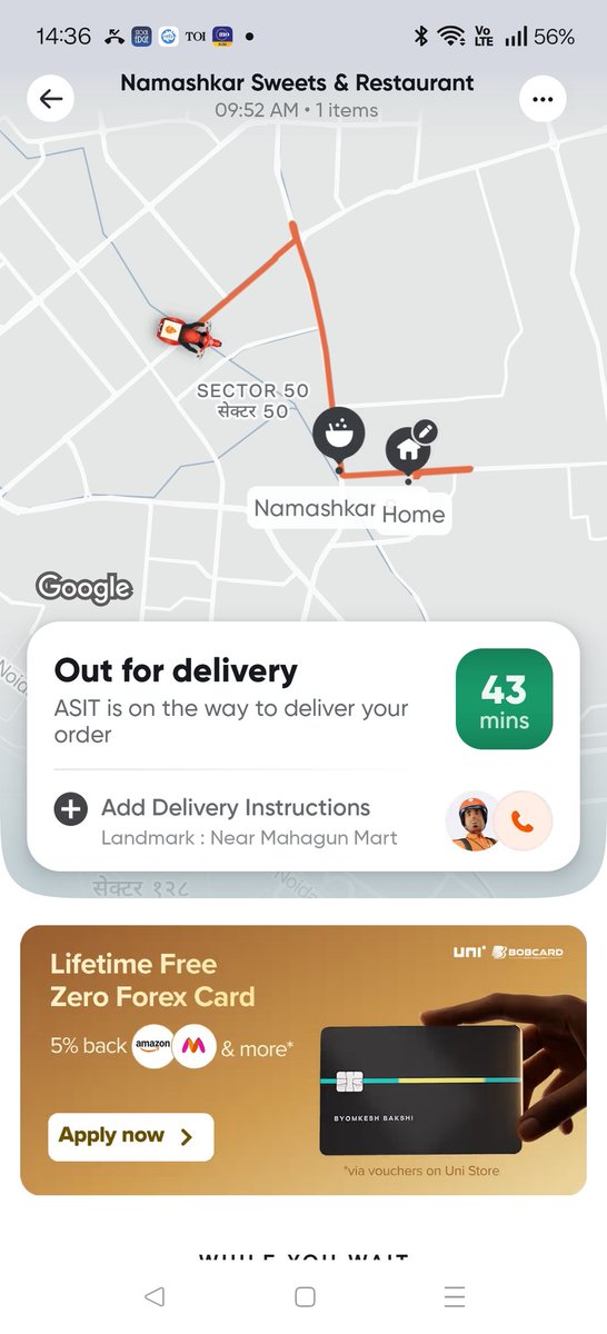 AMARJEEIN's tweet photo. @SwiggyCares food ordered at 9.52 am and till date not delivered. App does not support the delivery status https://t.co/ZoU58ixsLL