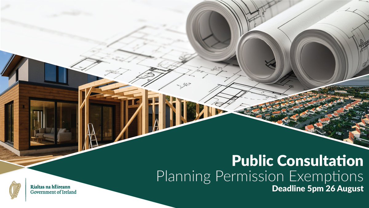 Department of Housing, Local Government & Heritage (@depthousingirl) on Twitter photo Deadline Tuesday 26 August 📅
Ministers <a href="/JamesBrowneTD/">James Browne TD</a> and John Cummins remind the public to have your say on the consultation on planning permission exemptions.
More information and details on how to make a submission can be found here: bit.ly/3HcRHQ3 Deadline Tuesday 26 August 📅
Ministers <a href="/JamesBrowneTD/">James Browne TD</a> and John Cummins remind the public to have your say on the consultation on planning permission exemptions.
More information and details on how to make a submission can be found here: bit.ly/3HcRHQ3