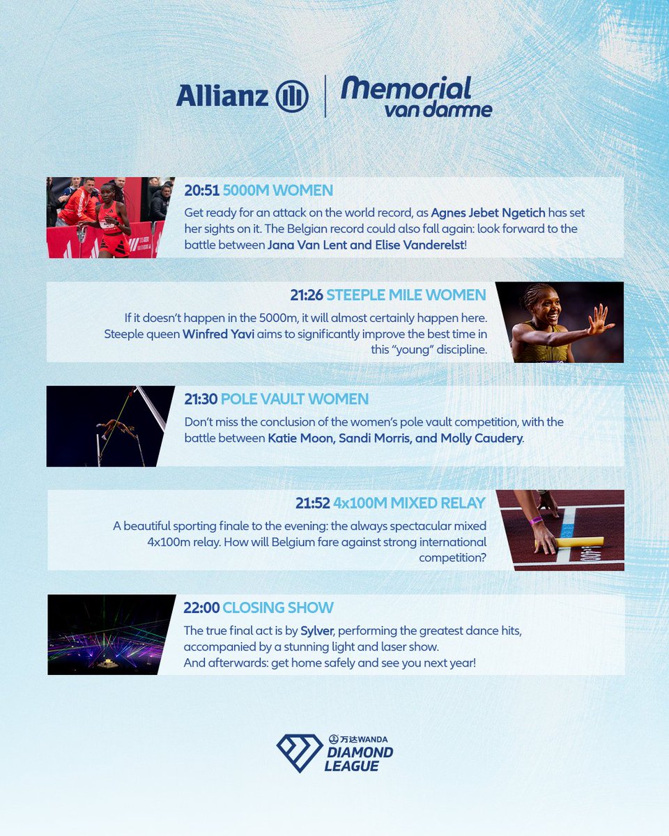MVDbrussels's tweet image. Tuning in for the Allianz Memorial Van Damme tonight? Here’s our 10 to watch! 👀
#AllianzMemorialvanDamme #GetReadyForTheBest #WandaDiamondLeague #BrusselsDL