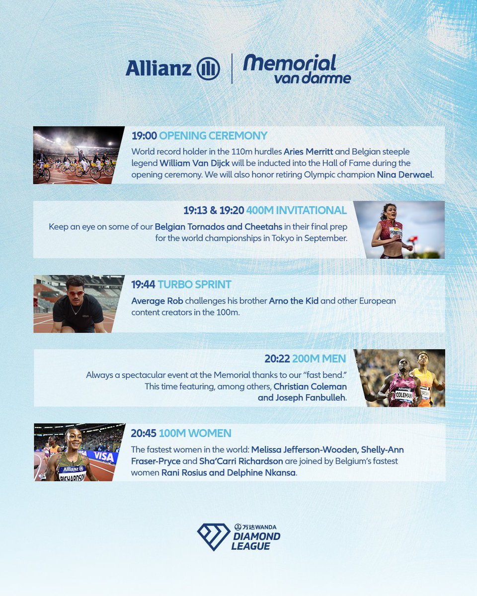 MVDbrussels's tweet image. Tuning in for the Allianz Memorial Van Damme tonight? Here’s our 10 to watch! 👀
#AllianzMemorialvanDamme #GetReadyForTheBest #WandaDiamondLeague #BrusselsDL