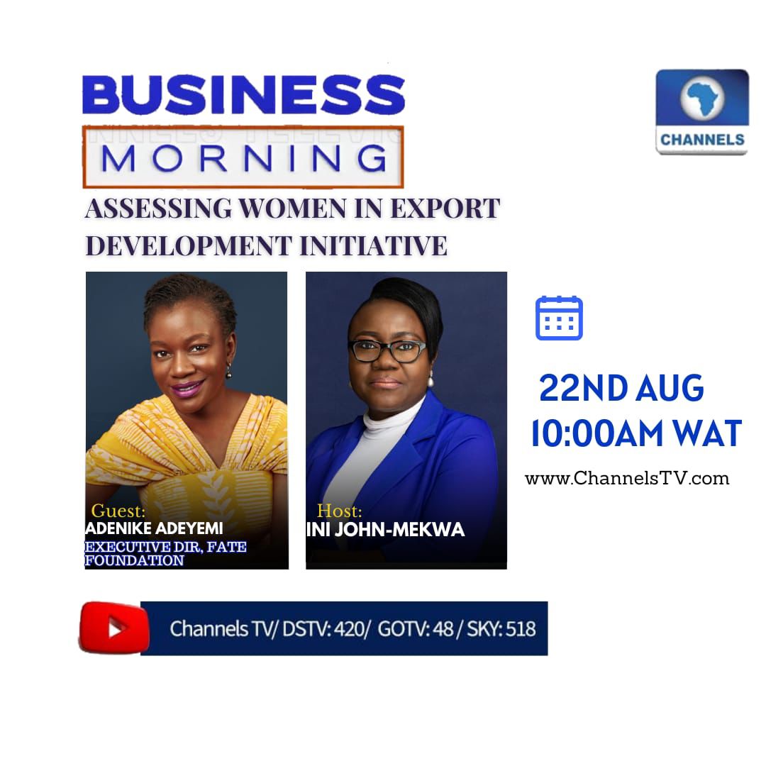 Join our Executive Director, <a href="/Nike_Adeyemi/">Adenike Adeyemi</a>, live on “Business Morning” on <a href="/channelstv/">Channels Television</a> today at 10am as she discusses "Assessing Women in Export Development Institute".

She will be offering expert insights on women's economic empowerment and export growth initiatives.