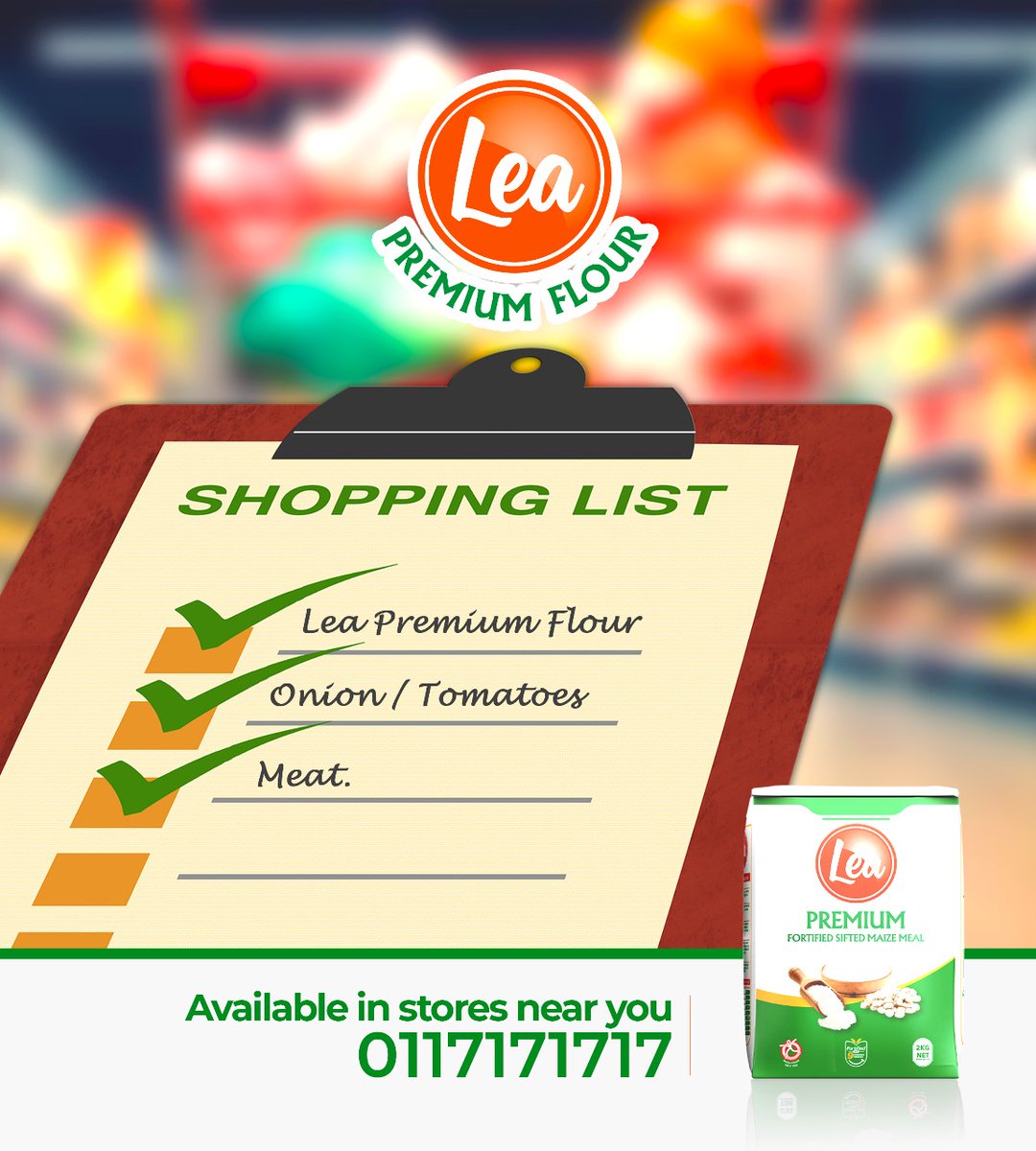 Your shopping list isn’t complete without Lea Premium Flour!

From ugali to chapati – make every meal wholesome and delicious. 

Grab yours today!

#LeaPremiumFlour #NurturingFamilies