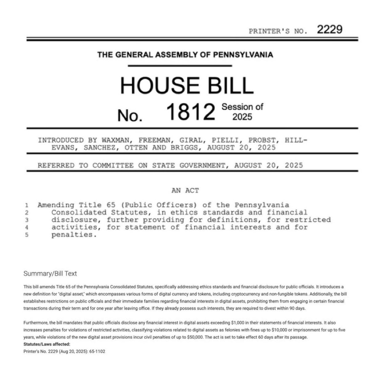 🇺🇸 BREAKING: Pennsylvania is moving forward with a bill that could ban  public officials from owning Bitcoin or any other cryptocurrencies. If  passed, violations could lead to fines or even jail time.