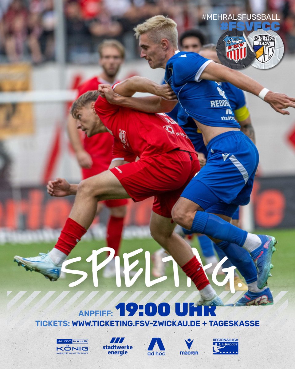 fccarlzeissjena's tweet photo. 𝐒𝐏𝐈𝐄𝐋𝐓𝐀𝐆 #𝟒
🏆 RL Nordost
🆚 FSV Zwickau
🏟️ GGZ Arena
⏰ 19 Uhr
📺 https://t.co/r74LaaYsZi (kostenpflichtig)
📝 https://t.co/oPELrrWt5d
📻 https://t.co/TXen0Z27pz
🎫 https://t.co/SpUWGnXV7W + Tageskasse
📲 #FSVFCC
#FCC #MehrAlsFussball #fccarlzeissjena #regionalliga https://t.co/fkiH37WQ3l