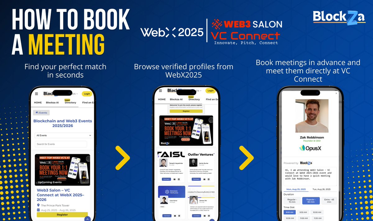 BlockZa.io | NftStudio24.eth (@blockza_io) on Twitter photo Meet Your Perfect Match at <a href="/WebX_Asia/">WebX 2025 (Aug 25-26)</a> × <a href="/Web3Salon/">Web3 Salon | Supported by JETRO</a> VC Connect!
Say goodbye to random handshakes and hello to precision networking with Blockza AI.
Whether you're a founder looking to pitch or an investor scouting your next deal — Blockza lets you:
✅ Discover verified #Web3 Meet Your Perfect Match at <a href="/WebX_Asia/">WebX 2025 (Aug 25-26)</a> × <a href="/Web3Salon/">Web3 Salon | Supported by JETRO</a> VC Connect!
Say goodbye to random handshakes and hello to precision networking with Blockza AI.
Whether you're a founder looking to pitch or an investor scouting your next deal — Blockza lets you:
✅ Discover verified #Web3