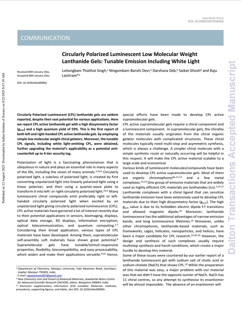 SuprEmeLab23's tweet photo. Thrilled to share a new Publication in Dalton Transactions from our group. Thanks @ANRFIndia @IndiaDST
for the funding. 
A big shout out to our PI @rajulaishram and all the authors @Thoithoi2025 , Banshi, @darshanaworld and @SaikatMiraGhosh 
@DaltonTrans https://t.co/6IgIvJzWEs https://t.co/67mfy6UeUH