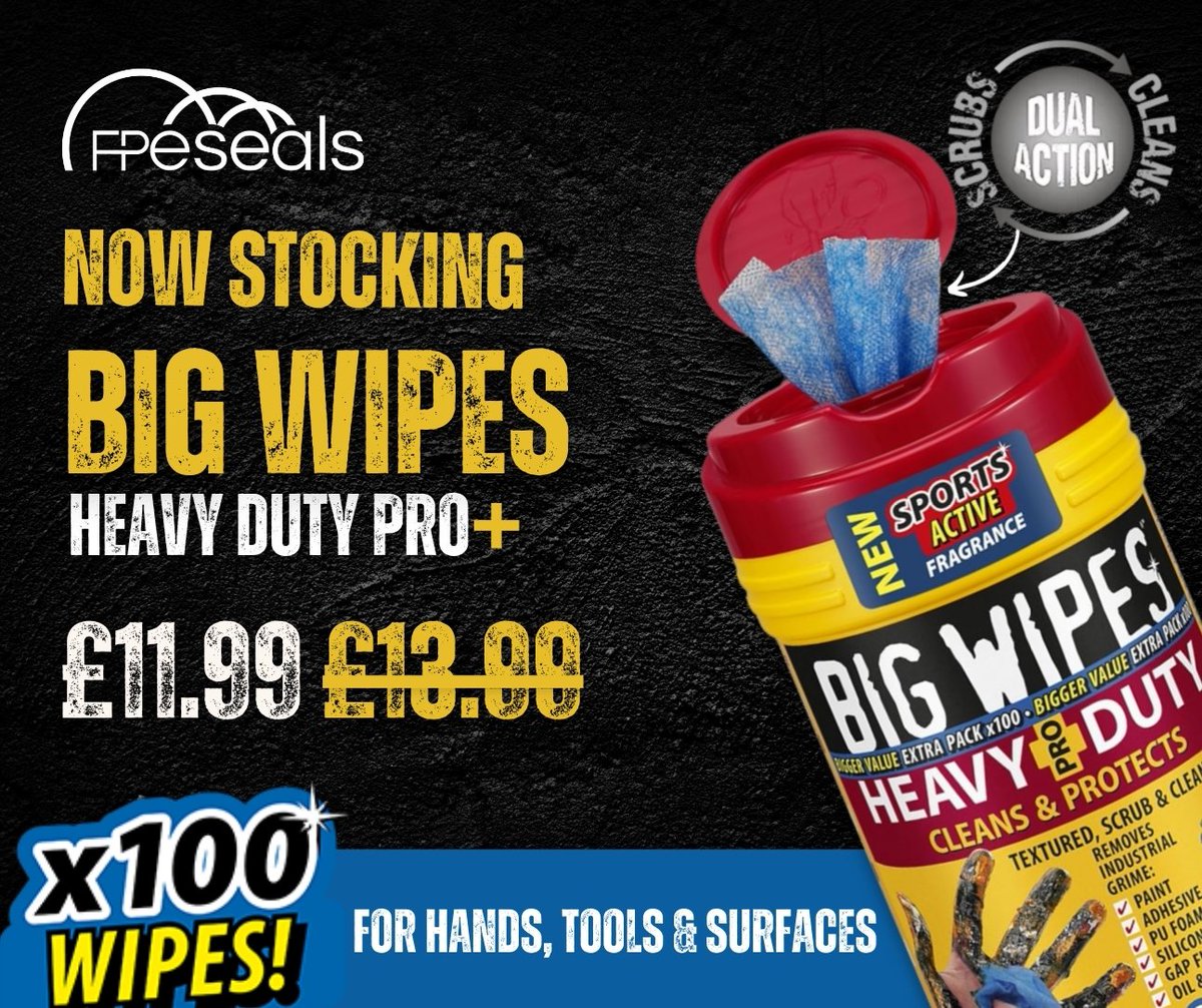 fpeltd's tweet photo. 🚨 Now Stocking: Big Wipes Heavy Duty Pro+  

Dual-sided industrial wipes built for the toughest jobs, from paint and oil to adhesives and PU foam.

🛒Just £11.99 

Grab yours now👉 https://t.co/X7xo4ib6Vn

#fpeseals #bigwipes #repair #maintenance #engineering #hydraulics https://t.co/37syEY5Vlx