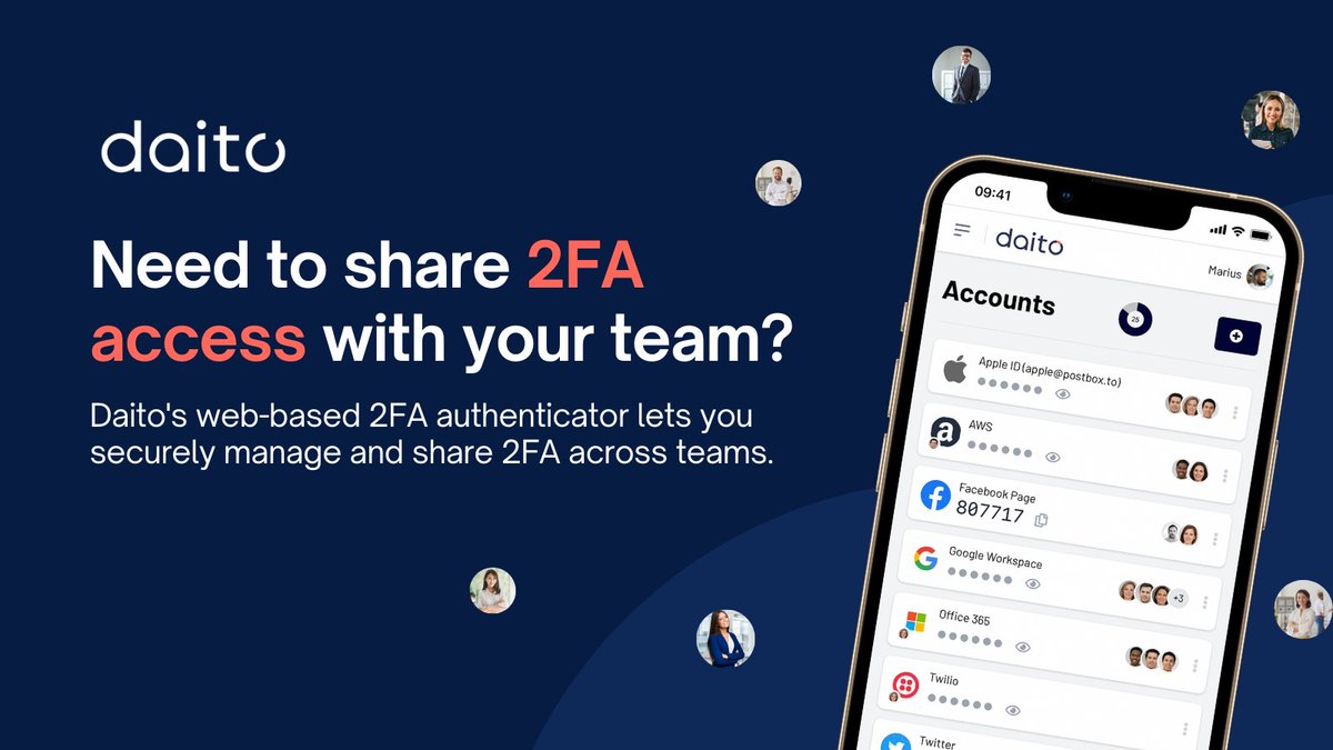 daitodotio's tweet photo. How does your team share 2FA access?

If you're still sharing passwords or juggling authenticator apps on a single phone, there’s a simpler, safer way.

Daito is the secure, web-based authenticator built for teams. https://t.co/DUQFOAXlMz