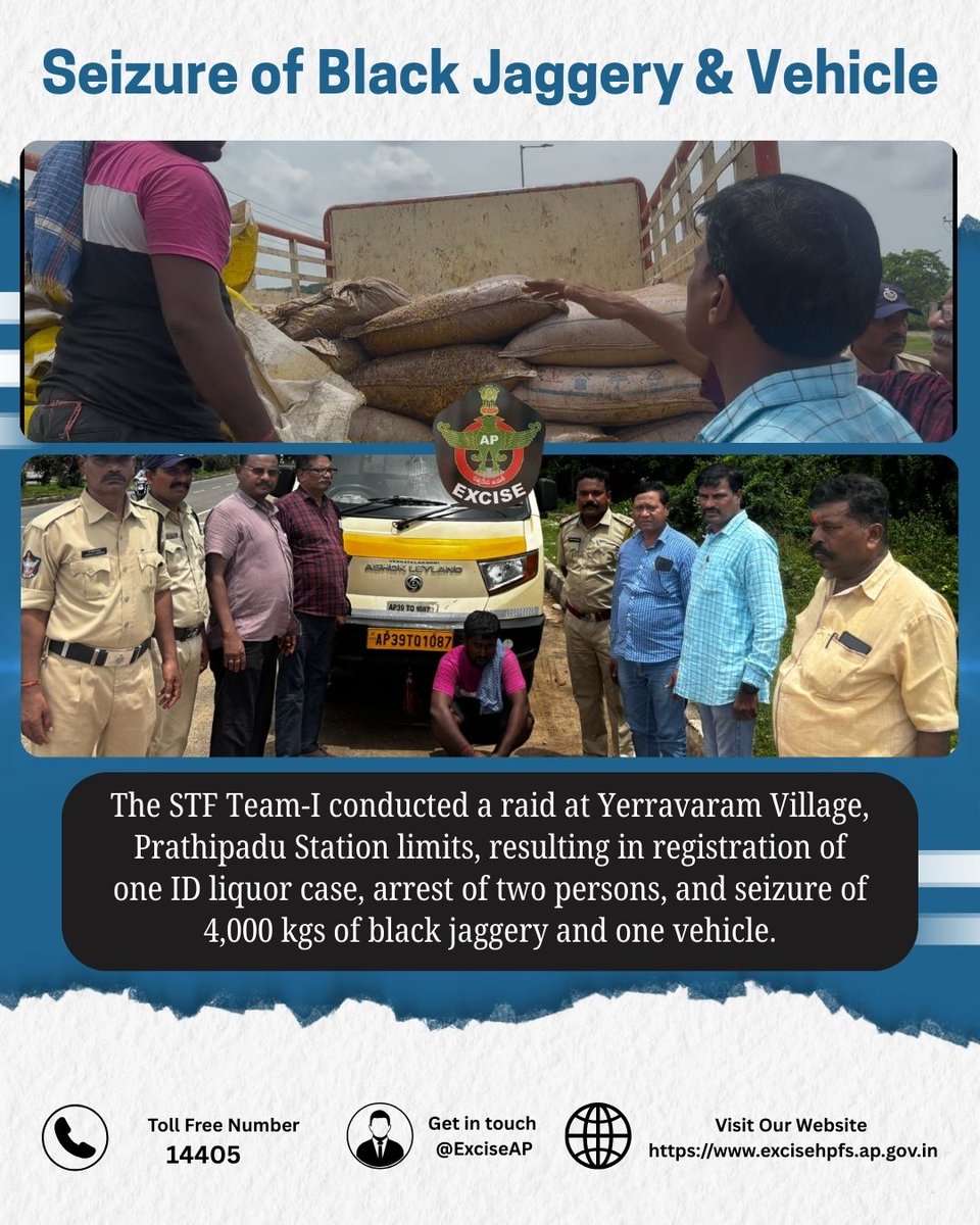 🚨 STF Team-I Raid 🚨
A raid was conducted at Yerravaram Village, Prathipadu Station limits, resulting in:

✅ 4,000 kgs of black jaggery &amp; 1 vehicle seized

#Excise #Enforcement #STF #IllegalLiquor #AndhraPradesh