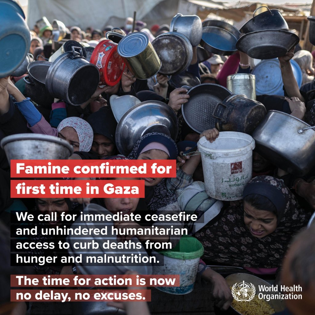 .<a href="/theIPCinfo/">The Integrated Food Security Phase Classification</a> has just confirmed #famine in #Gaza governorate.

This man-made, widespread malnutrition means that even common and usually mild diseases like diarrhoea are becoming fatal, especially for children. 

Gaza must be urgently supplied with food and medicines. Aid