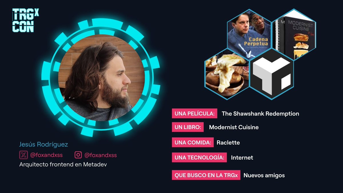 CONOCIENDO ASISTENTES DE LA #TRGx

Hoy es el turno de <a href="/Foxandxss/">Jesus Rodriguez</a>🙌 Su libro favorito es Modernist Cuisine, ¿tendremos un Martín Berasategui entre los asistentes de la #TRGx? 😉