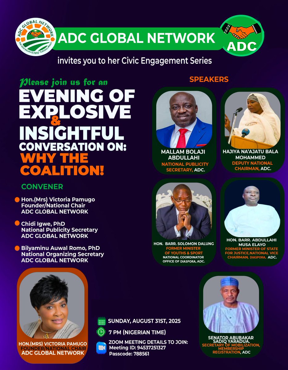 PLEASE PLAN TO JOIN ADC GLOBAL NETWORK ON SUNDAY, AUGUST 31ST AT 7 PM (NIGERIAN TIME) FOR THIS  EXPLOSIVE VIRTUAL SPEAKING ENGAGEMENT.

ZOOM MEETING DETAILS:
 uregina-ca.zoom.us/j/94537251327?…

MEETING ID: 945 37251327
PASSCODE: 788561

THIS IS AN EVENT NOT TO MISS!

 PLS HELP SHARE 🙏