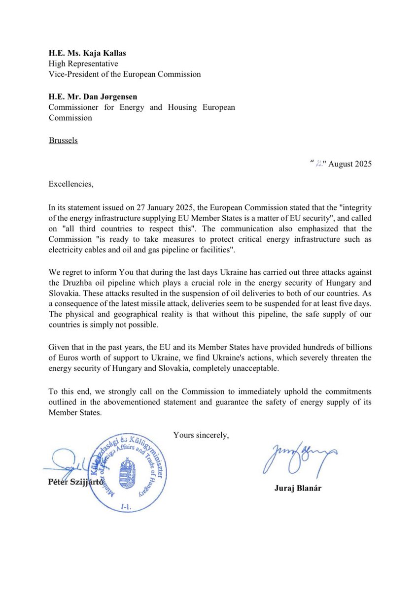 Péter Szijjártó (@fm_szijjarto) on Twitter photo Together with Slovak FM Juraj Blanár, we sent a letter to HRVP <a href="/kajakallas/">Kaja Kallas</a> and Energy Commissioner <a href="/DanJoergensen/">Dan Jørgensen</a> demanding that the <a href="/EU_Commission/">European Commission</a> finally act against Ukraine’s repeated attacks on the Druzhba oil pipeline.
In just a few weeks, this vital pipeline has been Together with Slovak FM Juraj Blanár, we sent a letter to HRVP <a href="/kajakallas/">Kaja Kallas</a> and Energy Commissioner <a href="/DanJoergensen/">Dan Jørgensen</a> demanding that the <a href="/EU_Commission/">European Commission</a> finally act against Ukraine’s repeated attacks on the Druzhba oil pipeline.
In just a few weeks, this vital pipeline has been