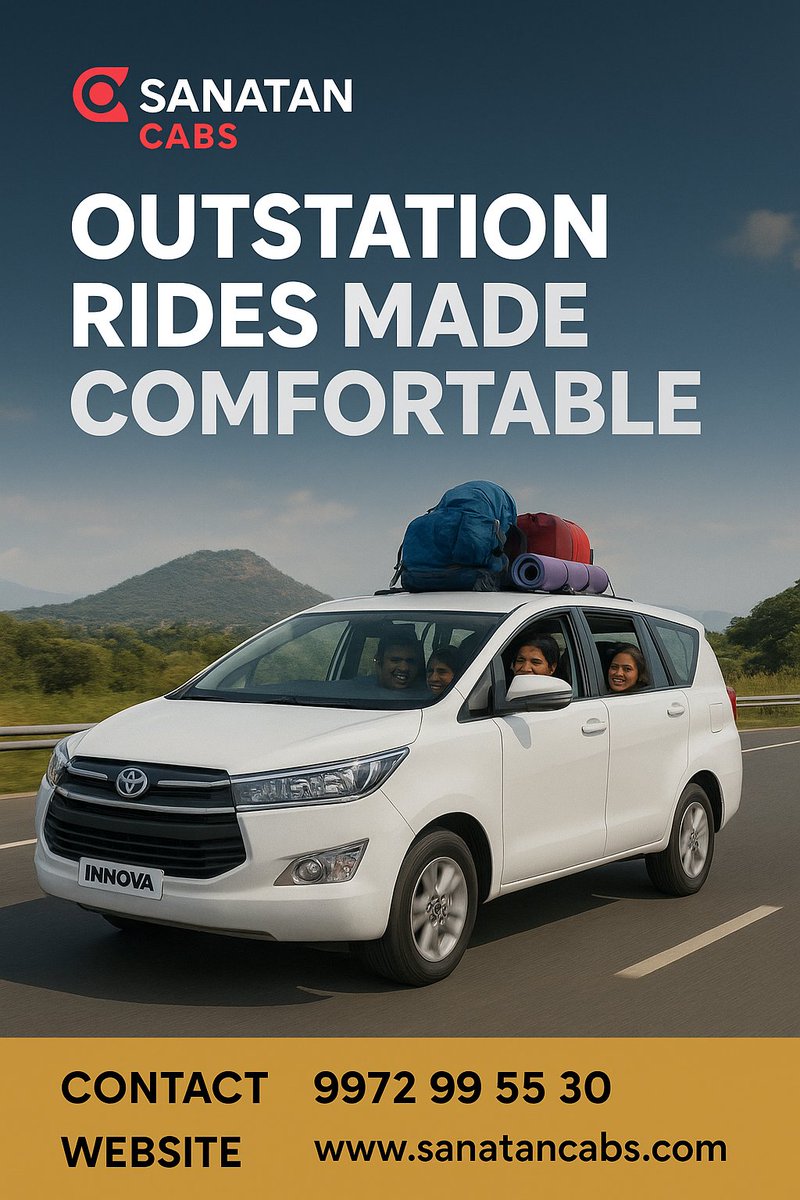 Book your Innova Crysta Outstation Ride today and explore  with Sanatan Cabs!
Planning an outstation trip? 📷 The spacious Innova Crysta from Sanatan Cabs &amp; Travels is here to make your journey smooth, safe, and memorable.
📷 Call: 099729 95530
📷 Visit: sanatancabs.com