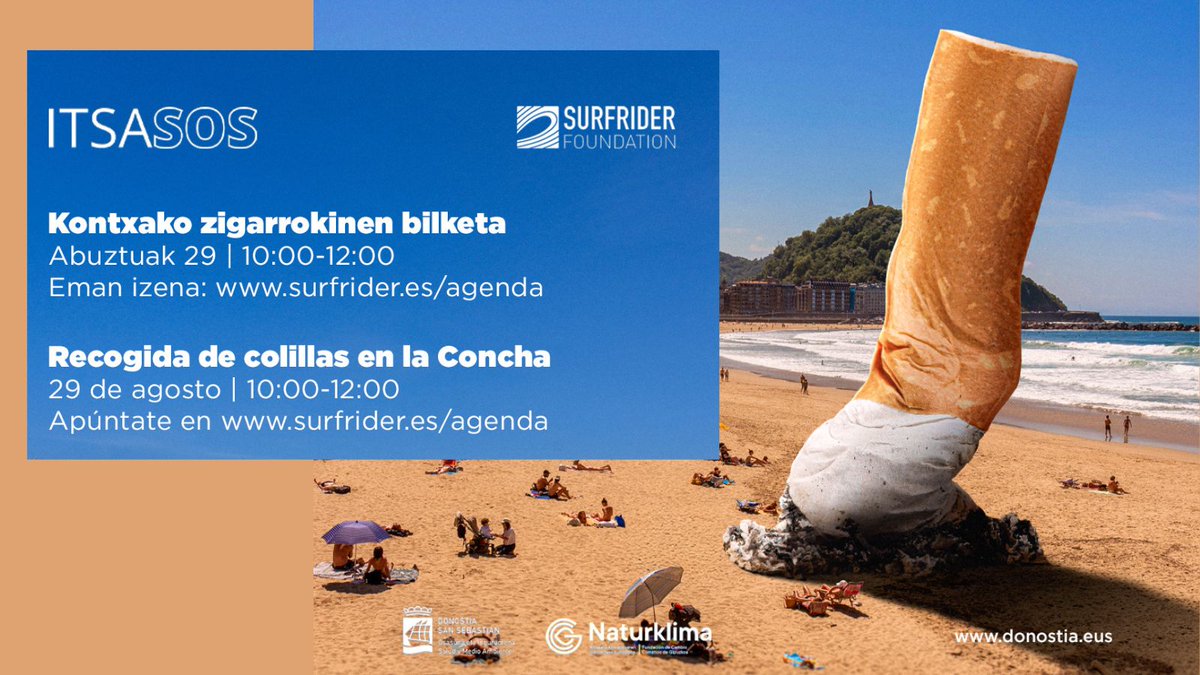 Ayto_SS's tweet photo. 🚬 Cada año millones de colillas terminan en el mar, dañando nuestras playas y la vida marina
👍 Súmate a esta acción en La Concha y ayudemos entre todas y todos a mantener limpio nuestro entorno
👉 Apúntate: https://t.co/i2hS6t5p7V
#donostia #sansebastian #itsasos @DSS_ingurumena #surfrider