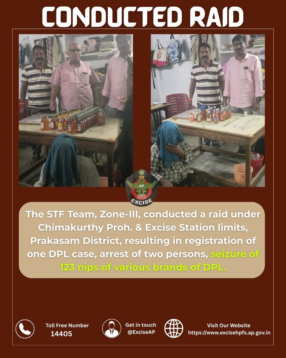 🚔 STF Zone-III Raid 🚔
The STF Team, Zone-III, conducted a raid under Chimakurthy Proh. &amp; Excise Station limits, Prakasam District, resulting in:
✅ 123 nips of various DPL brands seized

#Excise #Enforcement #STF #Prakasam #IllegalLiquor