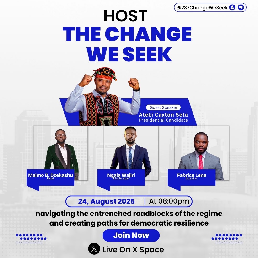 We’re excited to host <a href="/Atekiseta/">Ateki Seta Caxton</a> this Sunday on The Change We Seek.

He’ll share his journey, vision for the nation as a presidential aspirant, and respond to the pressing questions on the minds of youths and everyday Cameroonians.

🔔 Set your reminder: x.com/i/spaces/1Mnxn…