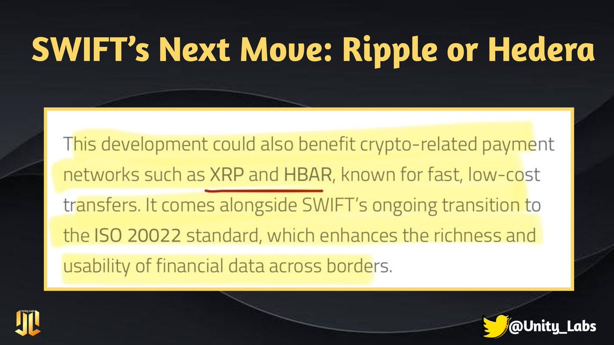 Unity_Labs_'s tweet image. 🚨 SWIFT’s Next Move: Ripple or Hedera? 🌐💸
✨✨ According to Vanir Assets, SWIFT is exploring ways to link TradFi with blockchain — and guess who’s leading the race? 👀
🔹 $XRP (Ripple) – known for cross-border payment efficiency
🔹 $HBAR (Hedera) – praised for speed,…