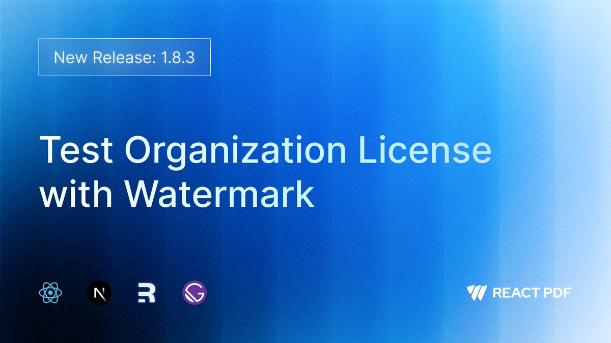 ReactPdf's tweet image. ✨ React PDF v1.8.3 is out!
This update improves license validation so the watermark version can now access organization features, making testing and setup even easier.
👉 See what’s new: docs.react-pdf.dev/introduction/c…
#react #reactpdf #nextjs