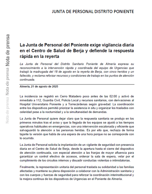 SATSE_Almeria (@satse_almeria) on Twitter photo <a href="/SATSE_Almeria/">SATSE_Almeria</a> junto al resto de sindicatos de la Junta de Personal del Poniente exige vigilancia diaria en el Centro de Salud de Berja y defiende la respuesta rápida en la reyerta
ideal.es/almeria/provin… <a href="/SATSE_Almeria/">SATSE_Almeria</a> junto al resto de sindicatos de la Junta de Personal del Poniente exige vigilancia diaria en el Centro de Salud de Berja y defiende la respuesta rápida en la reyerta
ideal.es/almeria/provin…