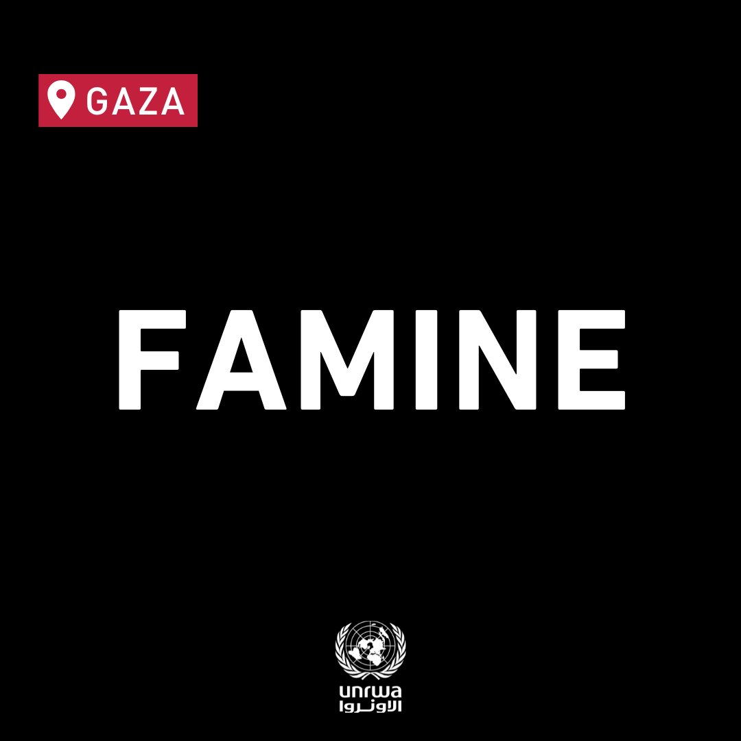 UNRWA (@unrwa) on Twitter photo Famine is confirmed by <a href="/theIPCinfo/">The Integrated Food Security Phase Classification</a> in #Gaza City and the surrounding areas.
They project that famine will spread further south by the end of September.
This is man-made.
For almost 6 months the Israeli Authorities have critically restricted food and other essential Famine is confirmed by <a href="/theIPCinfo/">The Integrated Food Security Phase Classification</a> in #Gaza City and the surrounding areas.
They project that famine will spread further south by the end of September.
This is man-made.
For almost 6 months the Israeli Authorities have critically restricted food and other essential