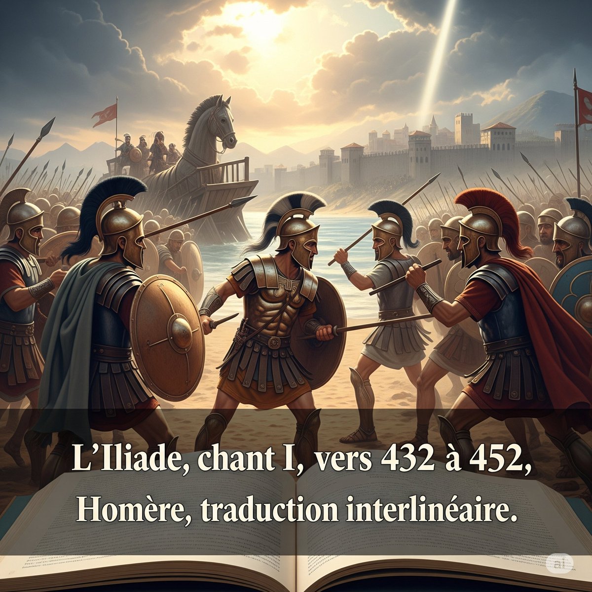 Ancient_Scripts's tweet photo. 1️⃣ L'Iliade, chant I, vers 432 à 452, Homère, traduction interlinéaire (mot à mot).

Ὅτε δὲ δὴ οἱ ἵκοντο
Et donc, quand ceux-ci furent arrivés

ἐντὸς λιμένος πολυβενθέος,
en dedans du port très-profond,

στείλαντο μὲν ἱστία,
à la vérité ils plièrent les voiles,

θέσαν δὲ ἐν νηῒ μελαίνῃ
ils les placèrent dans le vaisseau noir,

πέλασαν δὲ ἱστὸν ἱστοδόκη,
et approchèrent le mât du coursier,

ὑφέντες καρπαλίμως
l'ayant abaissé promptement

προτόνοισι·
avec les câbles ;

προέρυσσαν δὲ τὴν
et ils poussèrent-en-avant le vaisseau

εἰς ὅρμον ἐρετμοῖς·
dans le port avec les rames;

ἐξέβαλον δὲ εὐνὰς,
ensuite ils jetèrent les ancres,

κατέδησαν δὲ πρυμνήσια·
et attachèrent les amarres;

αὐτοὶ δὲ καὶ ἐξέβαινον
puis eux-mêmes aussi descendirent

ἐπὶ ῥηγμῖνι θαλάσσης·
sur le rivage de la mer;

ἐξέβησαν δὲ ἑκατόμβην
et firent sortir l'hécatombe

Ἀπόλλωνι ἑκηβόλῳ
pour Apollon qui-frappe-au-loin;

Χρυσηῒς δὲ ἐξέβη
et Chryséïs sortit

νηὸς ποντοπόροιο.
du vaisseau qui-voyage-sur-la mer.

Ἔπειτα μὲν πολύμητις Ὀδυσσεύς
Ensuite, à la vérité, le sage Ulysse,

ἄγων τὴν ἐπὶ βωμὸν,
conduisant elle vers l'autel,

τίθει ἐν χερσὶ
la plaça dans les mains

πατρὶ φίλῳ,
à son père chéri,

καὶ προςέειπέ μιν·
et adressa la parole à lui :

« Ὦ Χρύση, ἄναξ ἀνδρῶν
« O Chrysès, le roi des hommes,

Ἀγαμέμνων προέπεμψέ με,
Agamemnon a envoyé moi,

ἀγέμεν τε σοὶ παῖδα,
et pour conduire à toi ta fille,

ῥέξαι τε Φοίβῳ
et pour sacrifier à Phébus,

ὑπὲρ Δαναῶν
en faveur des fils-de-Danaüs,

ἑκατόμβην ἱερὴν,
une hécatombe sacrée,

ὄφρα ἱλασόμεσθα ἄνακτα,
afin que nous apaisions le roi,

ὃς νῦν ἐφῆκεν Ἀργείοισι
qui maintenant a envoyé aux Argiens

κήδεα πολύστονα. »
des malheurs déplorables. »

Εἰπὼν ὣς,
Ayant parlé ainsi,

τίθει ἐν χερσίν·
il la plaça dans ses mains;

ὁ δὲ χαίρων ἐδέξατο
Or lui, se réjouissant, reçut

παῖδα φίλην. Τοὶ δὲ ὦκα
sa fille chérie; puis ceux-ci aussitôt

ἔστησαν ἑξείης θεῷ
placèrent par ordre pour le dieu

ἑκατόμβην κλειτὴν
l'hécatombe superbe

περὶ βωμὸν ἐΰδμητον
autour de l'autel bien-bâti;

ἔπειτα δὲ χερνίψαντο,
et ensuite ils lavèrent-leurs-mains

καὶ ἀνέλοντο οὐλοχύτας,
et prirent l'orge-sacrée.

Χρύσης δὲ, ἀνασχὼν χεῖρας,
Mais Chrysès, ayant élevé les mains,

εύχετο μεγάλα τοῖσιν·
priait à haute-voix pour eux :

« Κλῦθί μευ, Ἀργυρότοξε,
« Écoute-moi, dieu-à-l'arc-d'argent,

ὃς ἀμφιβέβηκας Χρύσην,
toi-qui protèges Chryse

Κίλλαν τε ζαθέην,
et Cilla divine,

ἀνάσσεις τε ἶφι Τενέδοιο.
et règnes puissamment sur Ténédos.

#Iliade #Homere #Traduction #Interlineaire #GrecAncien #LitteratureGrecque #EpopeeHomerique #RecitMythologique #PoesieAntique #CultureClassique #InitiationGrecAncien