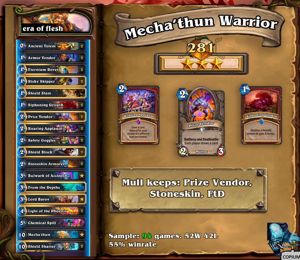 MECHA'THUN WARRIOR | ⭐️⭐️⭐️

play every card, chemspill, shield shatter

📌Deckcode below!
#hearthstone #wildhs <a href="/neon31hs/">Hearthstone-Decks.net</a>