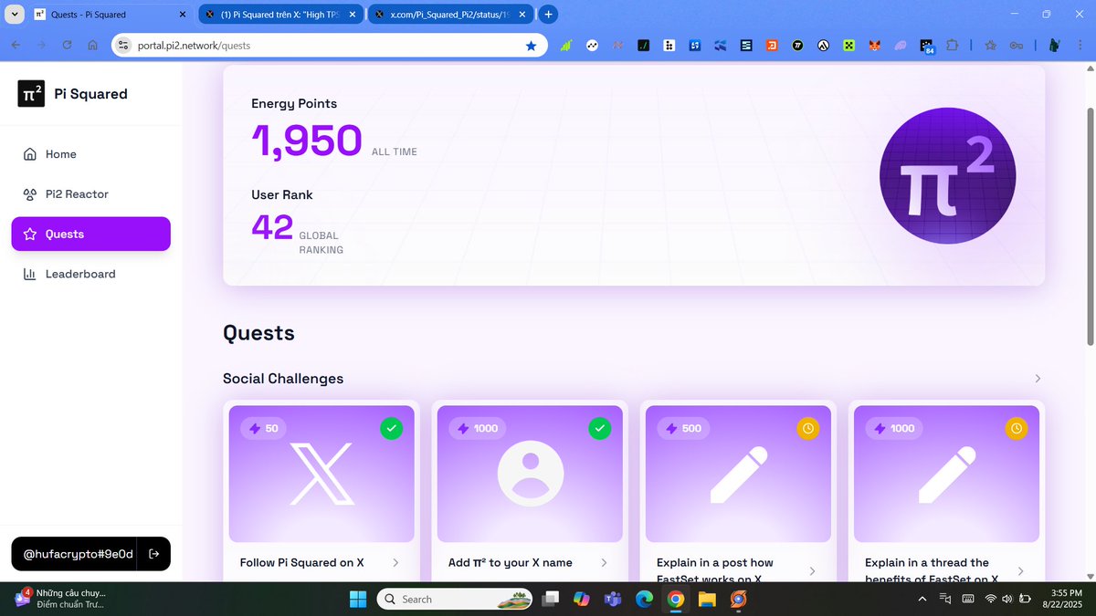 MDua90's tweet image. Thôi qua kèo #Somnia và #CampNetwork 

Tham gia chống móm cùng tôi 3 kèo mới.
Cộng đồng airdrop VN cũng đang khá fomo.

1️⃣ #Pi2Network @Pi_Squared_Pi2 

Link: portal.pi2.network/quests (Tranh thủ làm 3 quest mới để đóng nữa).

wallet.fastset.xyz (Bấm link dự án tự…