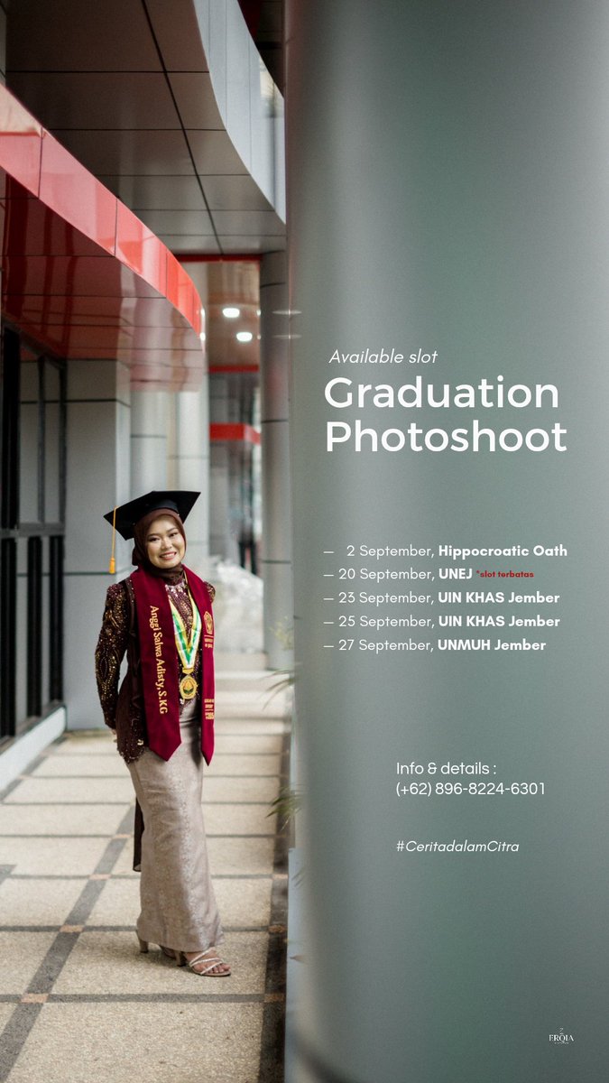 IndahMaretha's tweet photo. Open slot foto wisuda di bulan September.

*Poliwangi (full slot)
*ITS Mandala Jember (full slot)

More info &amp; details DM me 💙
WA : https://t.co/rkcC287bH8
IG : https://t.co/VQg2ugqre1 https://t.co/dxAhoquYtu