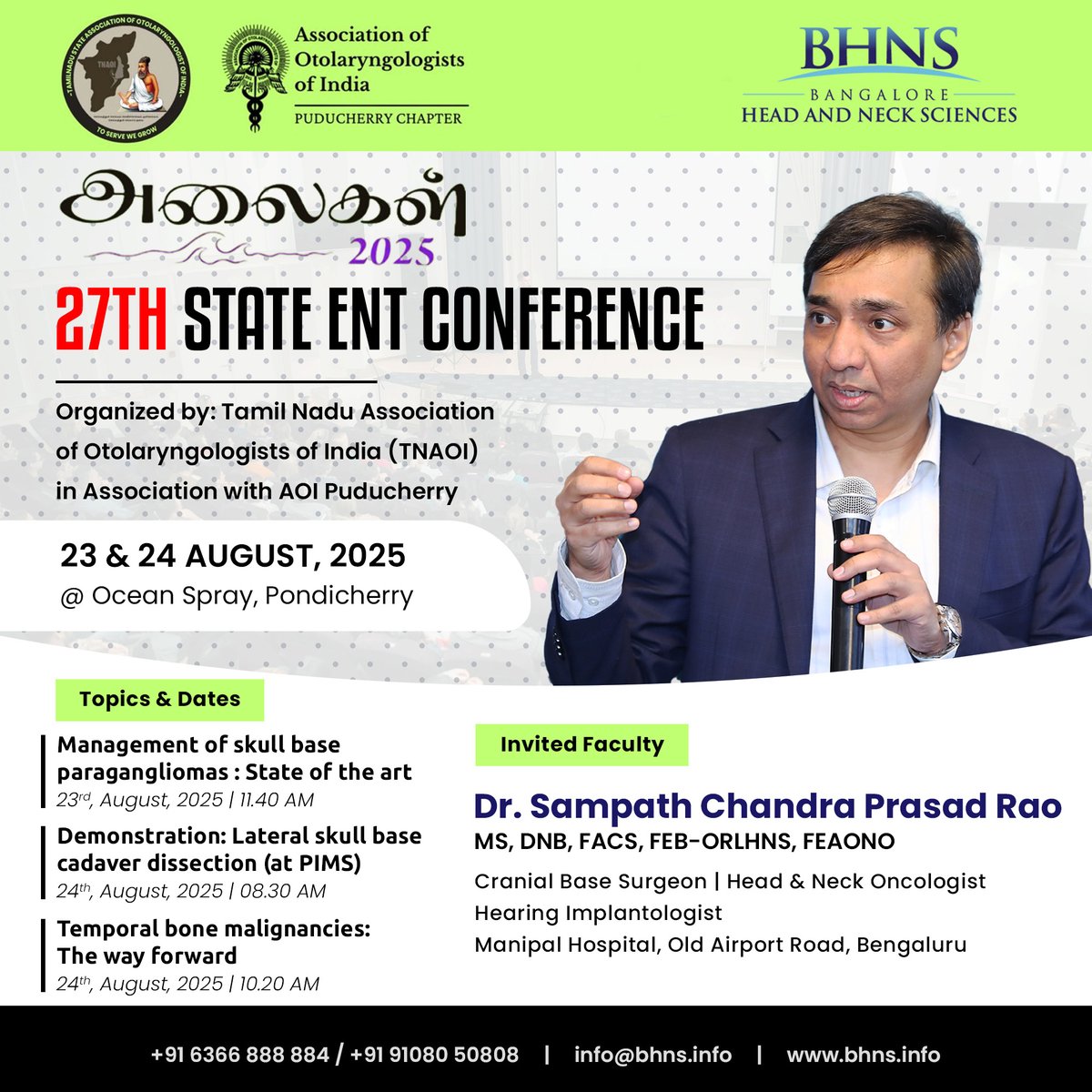 AadhyaHC's tweet photo. Honored to be invited as faculty at the 27th State ENT Conference – Alaigal 2025, organized by TNAOI in association with AOI Puducherry. Looking forward to sharing insights on skull base paragangliomas, cadaver dissection, and temporal bone malignancies. https://t.co/jQWUjwK3LM