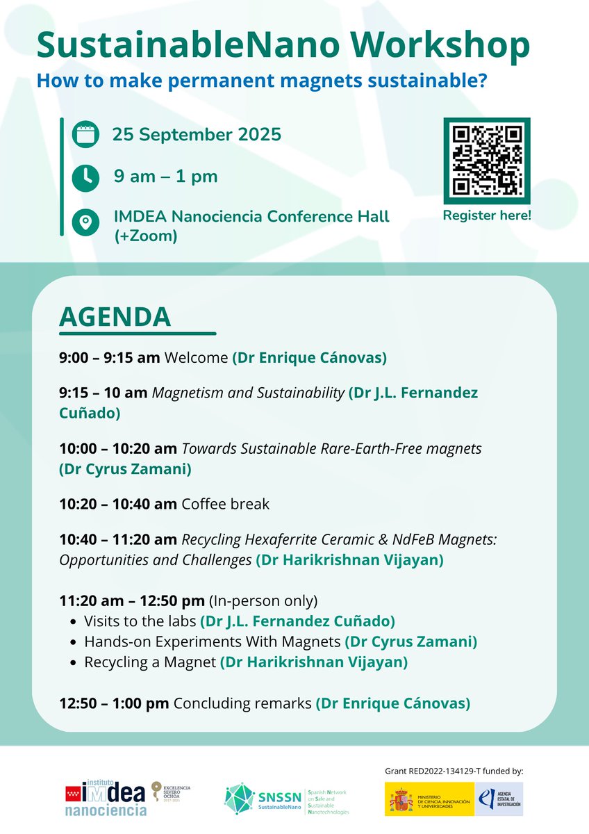 🌍🧲 How can we make permanent #magnets sustainable?

Join the <a href="/SNSSNano/">Sustainable Nano - SNSSN</a> event on Sept 25, 2025 (<a href="/IMDEA_Nano/">IMDEA Nanociencia 🔬</a> + Zoom) to discuss:

✅ Rare-earth-free magnets
✅ Recycling strategies
✅ Hands-on lab demos

👉 Register now! snssn-sustainablenano.net/events/sustain…