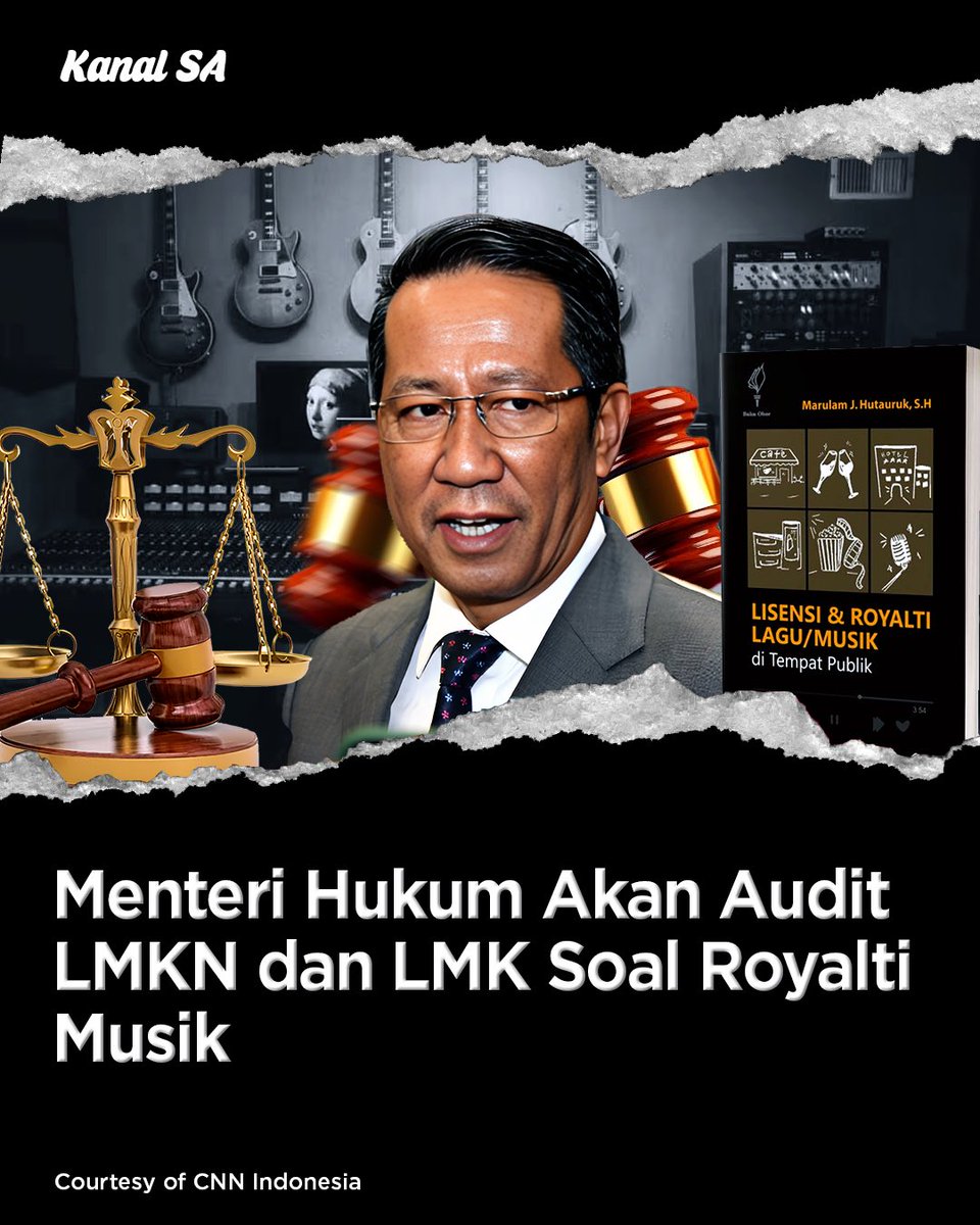 kanalsa_id's tweet photo. Menteri Hukum (Menkum) Supratman Andi Agtas berencana melakukan audit terhadap Lembaga Manajemen Kolektif (LMK) dan LMK Nasional terkait transparansi pembayaran royalti musik. https://t.co/wBsnhSUoUN