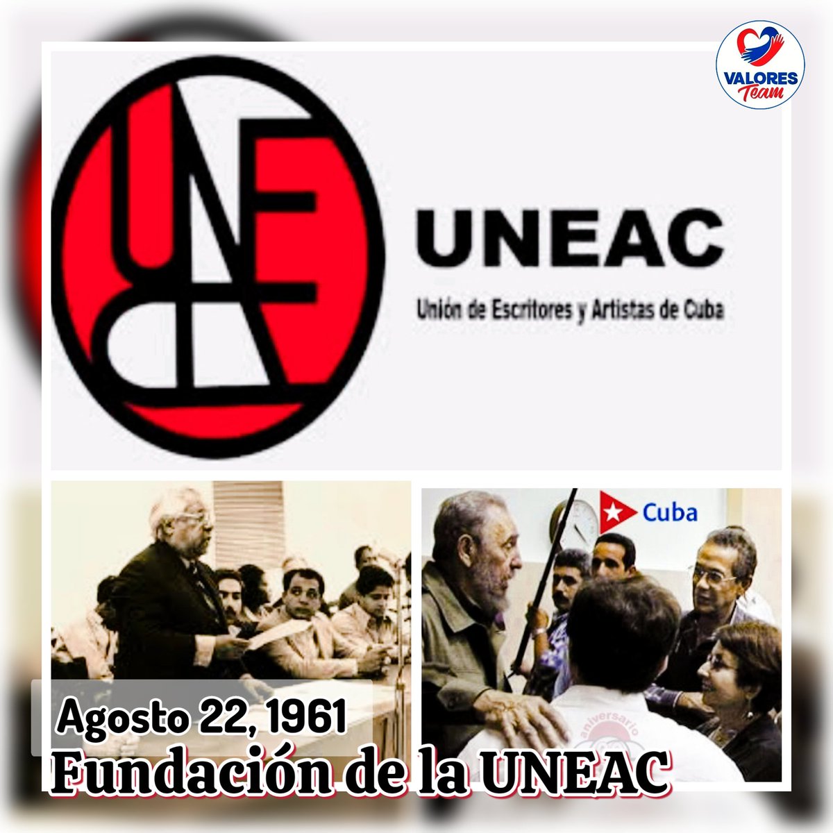 alder9506's tweet photo. 📆 El 22/8/1961 se funda la Unión Nacional de Escritores y Artistas de Cuba 🇨🇺, con el objetivo de promover el proyecto de justicia social e independencia nacional.

✨Nada es más valioso que proteger y defender la creación intelectual y artística. 

#CubaEsCultura
#ValoresTeam https://t.co/sTvtGoZoXV