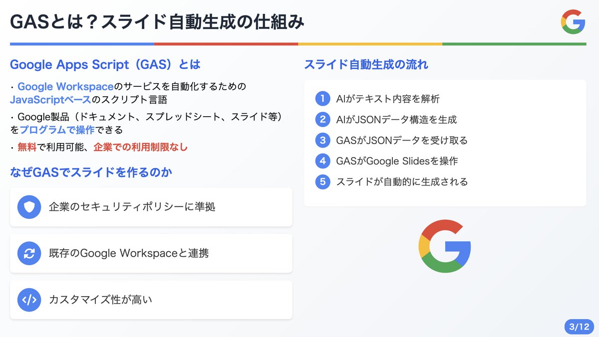 masahirochaen's tweet photo. 話題のAI×GASから一撃でGoogle slideを生成する方法を解説。

多くの日本企業では謎に資料生成AIが使えないので、社内認可されたAIでGAS書いてスライド作れる手法は実務的。

ManusやGensparkのHTML/CSS方式より柔軟性は低いが出力ブレは少なく編集も容易。

秘伝の資料生成チャットボットと詳細↓ https://t.co/6sWg29u399