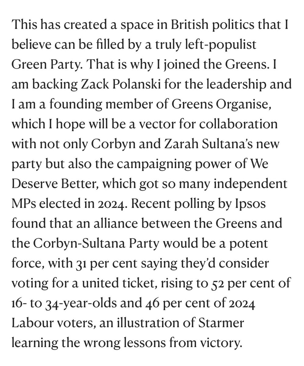 James Foster (@jamesefoster) on Twitter photo .@MattZarb:
"I am backing <a href="/ZackPolanski/">Zack Polanski</a> for the leadership and I am a founding member of Greens Organise, which I hope will be a vector for collaboration with Corbyn and Sultana’s new party."
#BackZack
🔗 in comments 👇 .@MattZarb:
"I am backing <a href="/ZackPolanski/">Zack Polanski</a> for the leadership and I am a founding member of Greens Organise, which I hope will be a vector for collaboration with Corbyn and Sultana’s new party."
#BackZack
🔗 in comments 👇