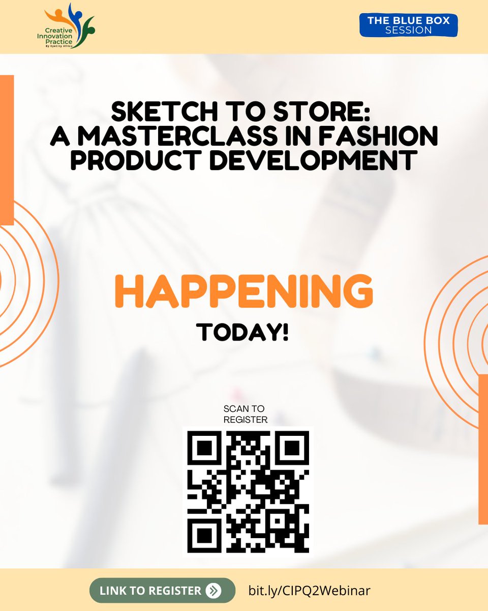 EyeCityAfrica's tweet photo. Happening in less than an hour!

The #SketchToStore masterclass kicks off soon. Join designers, experts, and entrepreneurs across Africa as we explore the real journey from design to distribution.

Register to receive session link here:  https://t.co/b42sm4eTag

We look forward to seeing you there!