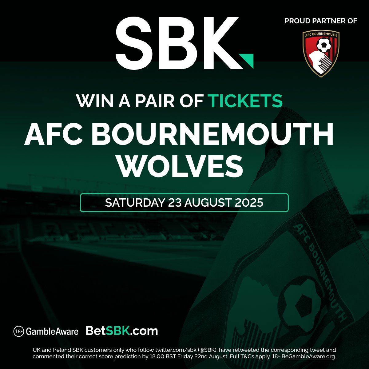 sbk's tweet image. Fancy being at the Vitality Stadium tomorrow?

To be in with a chance of winning a pair of tickets, simply:

Follow SBK ➕
Retweet this post ♻️
Comment your correct score prediction 💭

18+ Gamble Responsibly | T&amp;amp;Cs apply: tinyurl.com/yeymura7