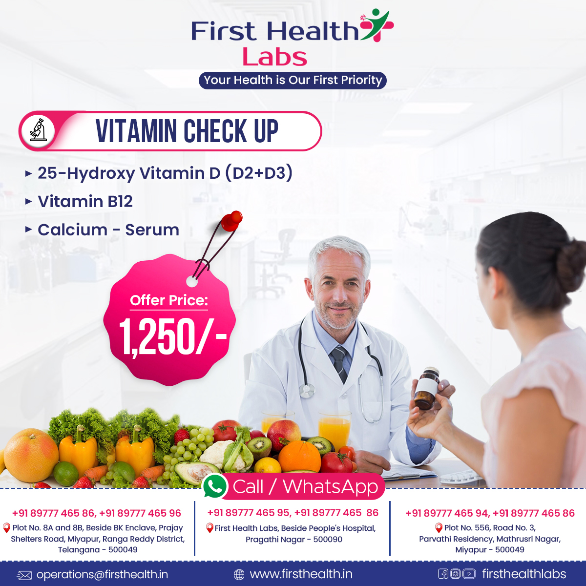 firsthealthlabs's tweet image. Feeling low on energy? It could be a vitamin deficiency.
Get tested for Vitamin D, B12 &amp;amp; Calcium.
Stay ahead with early detection.
 First Health Labs – Vitamin Check-Up @ ₹1250/-

Visit us: firsthealth.in
Contact us: +91 89777 465 86

#FirstHealthLabs #VitaminCheckUp